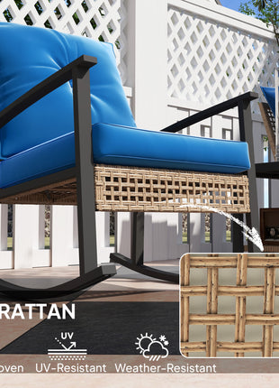 3 Pieces Bistro Set, Patio Wicker Furniture Set with Button Tufted Cushions, Rattan Rocking Chairs, Coffee Table, Blue