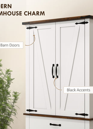 71" Tall Kitchen Cabinet, Farmhouse Pantry Cabinet w/ Barn Doors, 6 Shelves w/ 2 Doors, Drawer and Adjustable Shelves, White