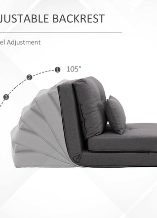 Convertible Flip Chair, Floor Lazy Sofa, Folding Upholstered Couch Bed with Adjustable Backrest, Metal Frame and Pillows for Living Room Bedroom, Dark Gray