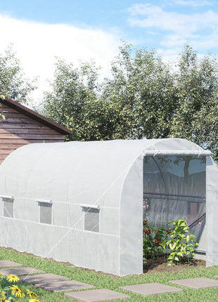 15' x 7' x 7' Walk-In Tunnel Greenhouse, Large Garden Hot House Kit with 6 Roll-up Windows & Roll Up Door, Steel Frame, White