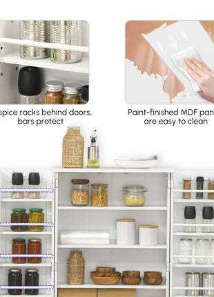 Freestanding Kitchen Pantry Cabinet, Kitchen Sideboard Cabinet with 12 Door Shelves, Double Doors, 5-tier Shelving, Paper White