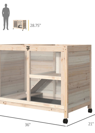 Rabbit Hutch with Wheels, Desk and Side Table Sized, Wooden Rabbit Cage, Waterproof Small Bunny Cage with Removable Tray, Openable Roof, for Rabbits, Chickens, Ducks, Indoor/Outdoor, Natural