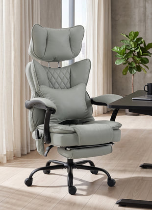 High Back Vibration Massage Office Chair, Heated Reclining PU Leather Computer Chair with Headrest, Gray