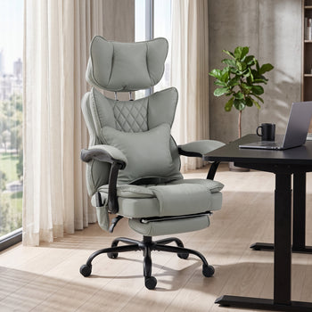 High Back Vibration Massage Office Chair, Heated Reclining PU Leather Computer Chair with Headrest, Gray
