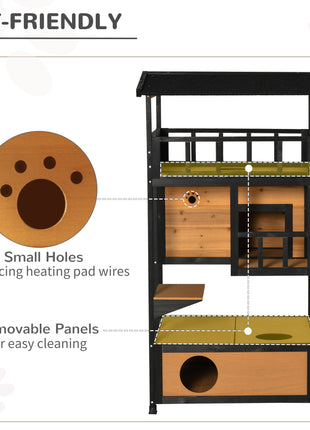Wooden Outdoor Cat House, Feral Cat Shelter Kitten Condo with Asphalt Roof, Escape Doors, Condo, Jumping Platform, Yellow