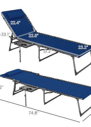 Folding Outdoor Chaise Lounge Chair Tanning Chair with 5-Level Adjustable Back, Side Table, Pillow, Pocket, Dark Blue