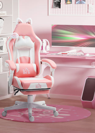 Cute Racing Gamer Chair, Faux Leather Gaming Chair with Footrest, Headrest and Lumbar Support, Pink