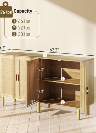 Bohemian Sideboard, 62.2" Buffet Cabinet with 4 Rattan Doors and Shelves for Living Room, Hallway, Natural