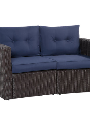 2 Piece Patio Wicker Corner Sofa Set, Outdoor PE Rattan Furniture, with Curved Armrests and Padded Cushions for Balcony, Garden, or Lawn, Dark Blue