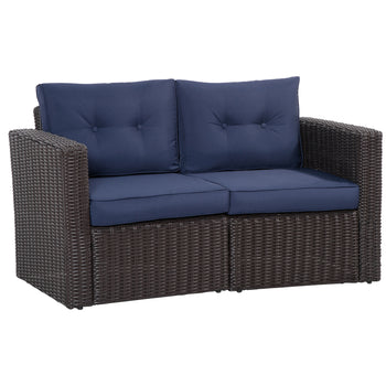 2 Piece Patio Wicker Corner Sofa Set, Outdoor PE Rattan Furniture, with Curved Armrests and Padded Cushions for Balcony, Garden, or Lawn, Dark Blue