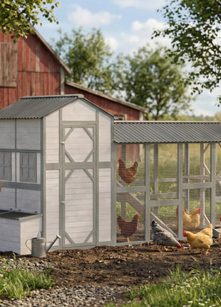147" Extra Large Chicken Coop, Wooden Hen House for 8-10 Hens, Outdoor Chicken House Poultry Hutch with Run, Gray
