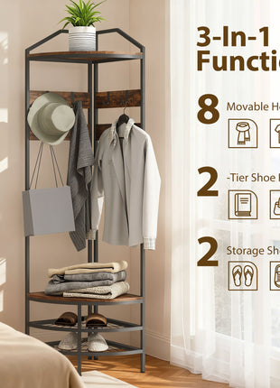 Corner Hall Tree, Industrial 4-Tier Coat Rack with Shoe Storage, 8 Movable Hooks and 2 Shelves for Hallway, Rustic Brown