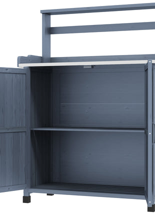 Outdoor Wooden Potting Bench with Storage Cabinet, Shelves, Galvanized Plated Tabletop for Backyard, Balcony, Gray