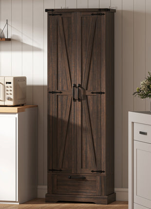 71" Pantry Cabinet, Kitchen Storage Cabinet with Adjustable Shelves, Barn Doors and Drawer for Dining Room, Brown
