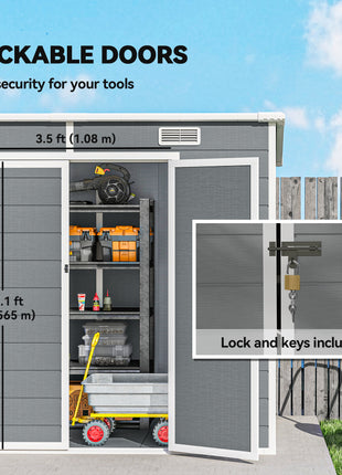 8' x 4' Plastic Outdoor Storage Shed with Floor, Window, Lockable Doors and Vents for Backyard Patio Lawn, Gray