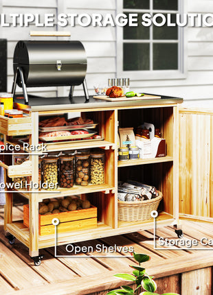Outdoor Grill Cart with Stainless Steel Top, Solid Wood Outdoor Kitchen Island with Wheels, Natural Wood
