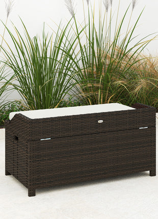 Outdoor Wicker Storage Bench with Storage & Cushion, Cream White