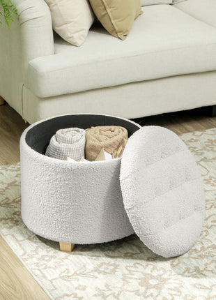 18" Round Ottoman with Storage, Teddy Fleece Button Tufted Foot Stool with Lid, Wood Legs for Living Room Hallway, White
