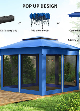 Outdoor Patio Pop Up Canopy Gazebo Shelter with Zipper Netting, Carry Bag, 11' x 11', Blue