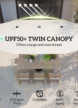 15ft Double-Sided Outdoor Umbrella with Solar Lights, UPF50+ Extra Large Aluminum Patio Umbrella with Crank, Cream White