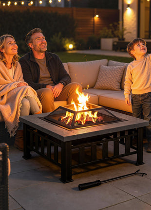 34" Outdoor Fire Pit Square Steel Wood Burning Firepit Bowl with Spark Screen, Waterproof Cover, Log Grate, Poker for Backyard, Camping, BBQ, Bonfire