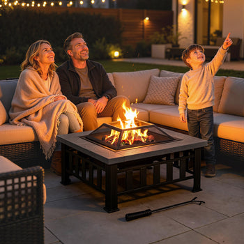 34" Outdoor Fire Pit Square Steel Wood Burning Firepit Bowl with Spark Screen, Waterproof Cover, Log Grate, Poker for Backyard, Camping, BBQ, Bonfire
