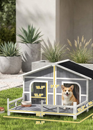 Dog House Outdoor, Wooden Dog Kennel Weatherproof with Porch, Openable Roof, Removable Bottom, Elevated Floor, Double Room for 2 Small to Medium Breeds, Gray