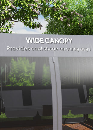 3 Seat Outdoor Swing Chair Convertible Covered Day Bed with Canopy, Mesh Netting, Steel Stand for Garden, Patio, Gray