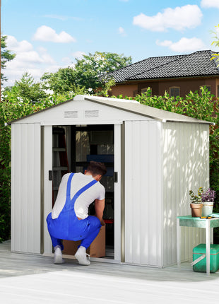 7x4 Garden Shed, Storage Shed with 4 Vents & 2 Sliding Doors, Garden Tool House for Backyard, Patio, Garage, Lawn,White