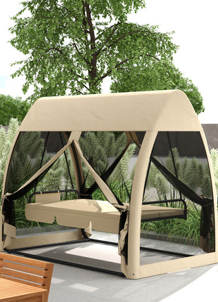 3 Seat Outdoor Swing Chair Convertible Covered Day Bed with Canopy, Mesh Netting, Steel Stand for Garden, Patio, Coffee