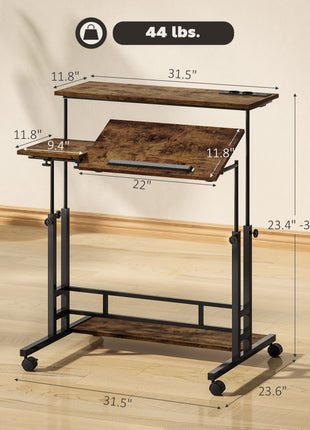 Adjustable Standing Desk with Power Outlets, Stand Up Desk with Tiltable Tabletop, Wheels, Shelf, for Home Office, Brown