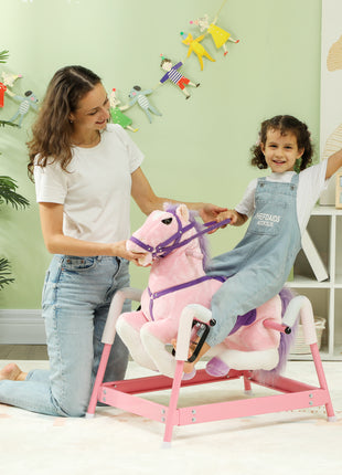 Spring Rocking Horse, Kids Ride on Horse, Plush Horse Ride-on w/ Sounds & Foot Stirrups for Kids 3-8 Years, Pink