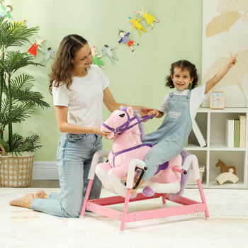 Spring Rocking Horse, Kids Ride on Horse, Plush Horse Ride-on w/ Sounds & Foot Stirrups for Kids 3-8 Years, Pink