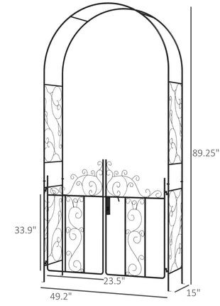 89.25" Metal Garden Arch with Gate, Garden Arbor Trellis for Climbing Plants, Roses, Vines, Wedding Arch, Black