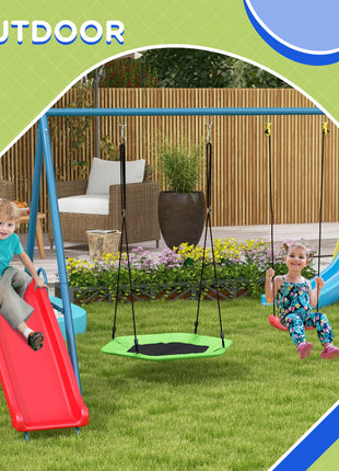 Metal Swing Set for Backyard, 3 in 1 Design with 1 Nest Swing, 2 Seats, 1 Slide, Holds Up to 352 lbs. for Ages 3-8