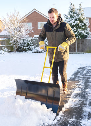 Snow Shovel with Wheels, 29" Metal Snow Pusher with Adjustable Handle, 7-Angle Blade, Wear Strip for Driveway, Yellow