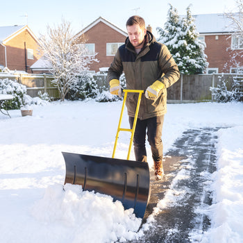 Snow Shovel with Wheels, 29" Metal Snow Pusher with Adjustable Handle, 7-Angle Blade, Wear Strip for Driveway, Yellow