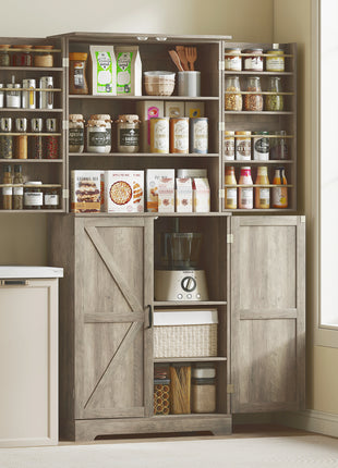 Farmhouse Kitchen Pantry, 72" Tall Pantry Cabinet with 4 Barn Doors, 4 Adjustable Shelves and 8 Door Shelves, Gray Wash