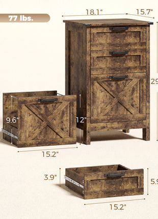 Vertical File Cabinet with 3 Drawers, Rustic Farmhouse Office Storage Cabinet for A4, Letter Size, Rustic Brown
