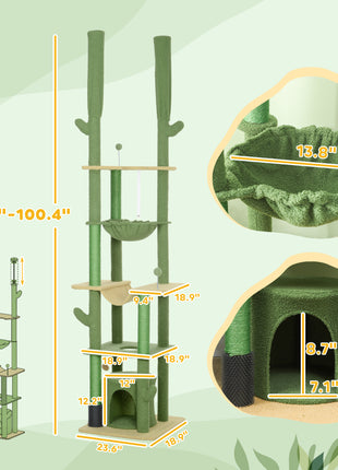 89"-100" Floor to Ceiling Cat Tree, Cat Climbing Tower with Grooming Brush Post, Cat Condo, Hammock, Green
