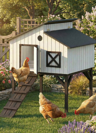 Chicken Coop Hen House with Nesting Box, Elevated Rabbit Hutch with Ramp, Asphalt Openable Roof and Elevated Legs