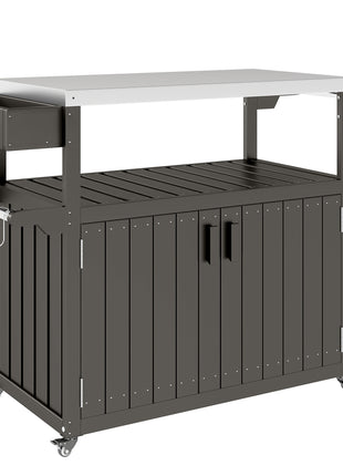 Outdoor Bar Cart with Storage, Stainless Steel Outdoor Bar Table Top, Wheeled HDPE Kitchen Island for Food Prep, Gray