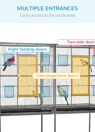 Rolling 65"L Bird Cage w/ Storage Shelf Wood Perch Food Container