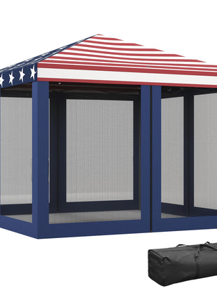 10' x 10' Outdoor Pop-Up Canopy with Sidewalls, Mesh Walls, Instant Setup for Party, Events, Patio, Lawn, American Flag
