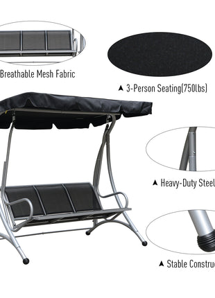 3-Seat Outdoor Porch Swing Chair, Patio Swing Glider with Adjustable Canopy, Breathable Seat, and Steel Frame for Garden, Poolside, Backyard, Black