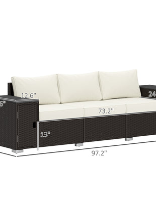 3 Seater Wicker Outdoor Couch Patio Sofa with Storage, Thickened Cushions and Wide Armrests for Porch Yard, Cream White