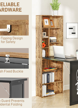Fold-out Convertible Home Office Desk, Computer Desk with Blackboard and Side Shelf, Rustic Brown