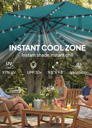 9.7 ft Outdoor Patio Umbrella with Solar LED Lights, 3 Tier Outdoor Table Umbrella with Tilt, Crank, Teal