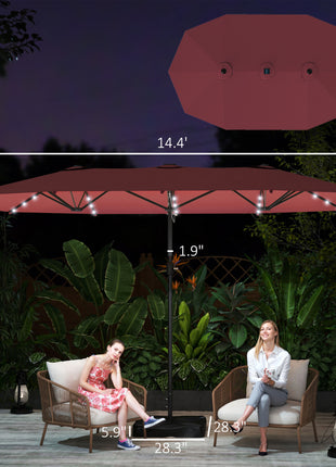 Garden Parasol 14.4ft Double-Sided Sun Umbrella with Base, Patio Parasol with LED Solar Lights, Wine Red