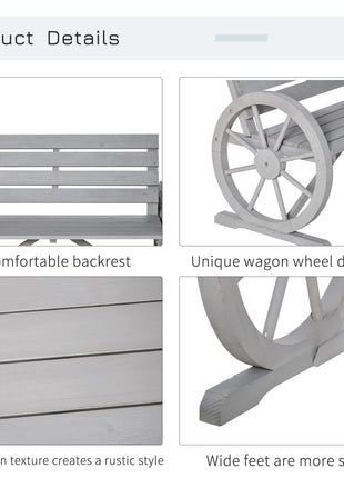 41" Wooden Wagon Wheel Bench, Rustic Outdoor Patio Weather Resistance Furniture, 2-Person Slatted Seat Bench with Backrest, Light Gray